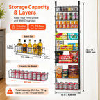 Black 8 tier over door pantry organizer showing basket dimensions, storage capacity, 16 can capacity, and 26.5 lb total load capacity