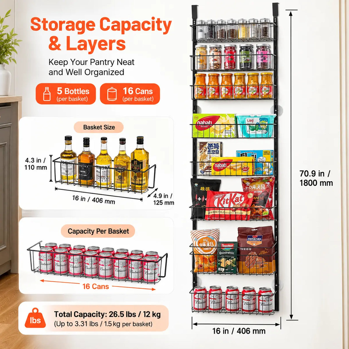 Black 8 tier over door pantry organizer showing basket dimensions, storage capacity, 16 can capacity, and 26.5 lb total load capacity