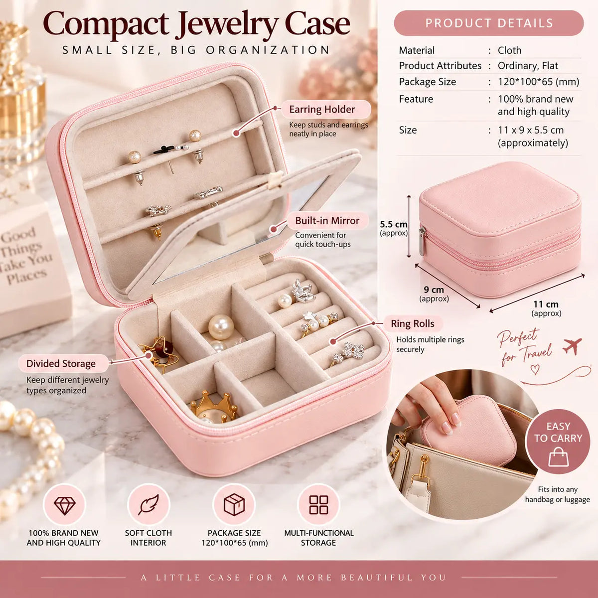 Blush pink compact jewelry organizer infographic showing built-in mirror, earring holder, ring rolls, divided storage, dimensions, and handbag portability