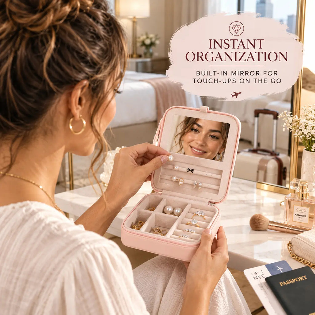 Woman using a blush pink travel jewelry organizer with built-in mirror while placing a pearl earring at a hotel vanity