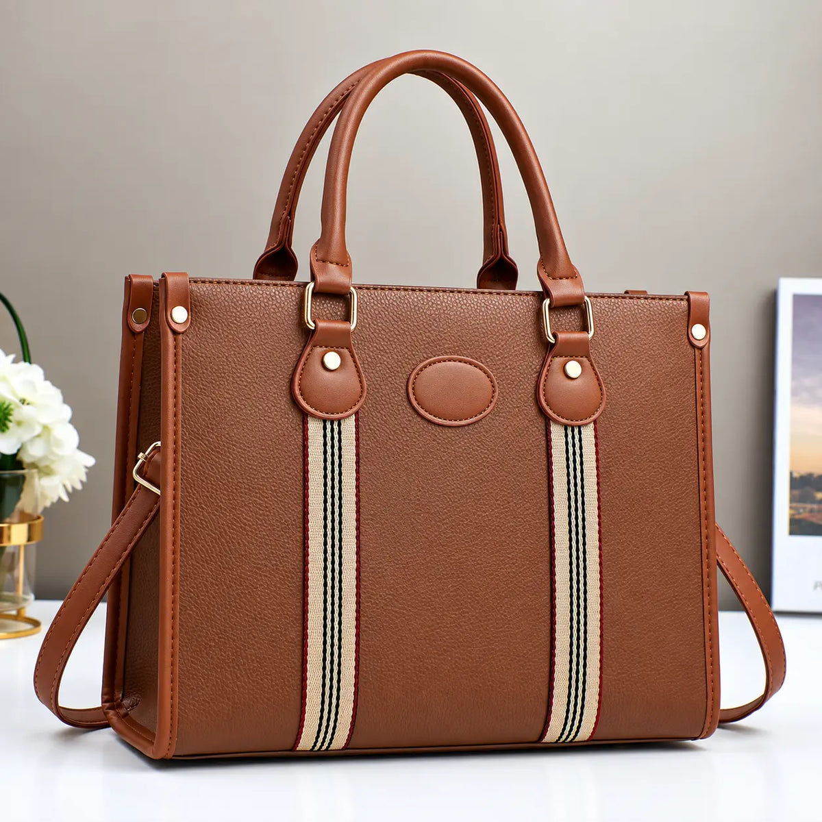 Brown striped tote handbag with matching leather handles, gold hardware, and detachable shoulder strap.