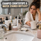 Cluttered bathroom countertop covered with skincare bottles, water stains, soap residue and tangled electric toothbrush cords
