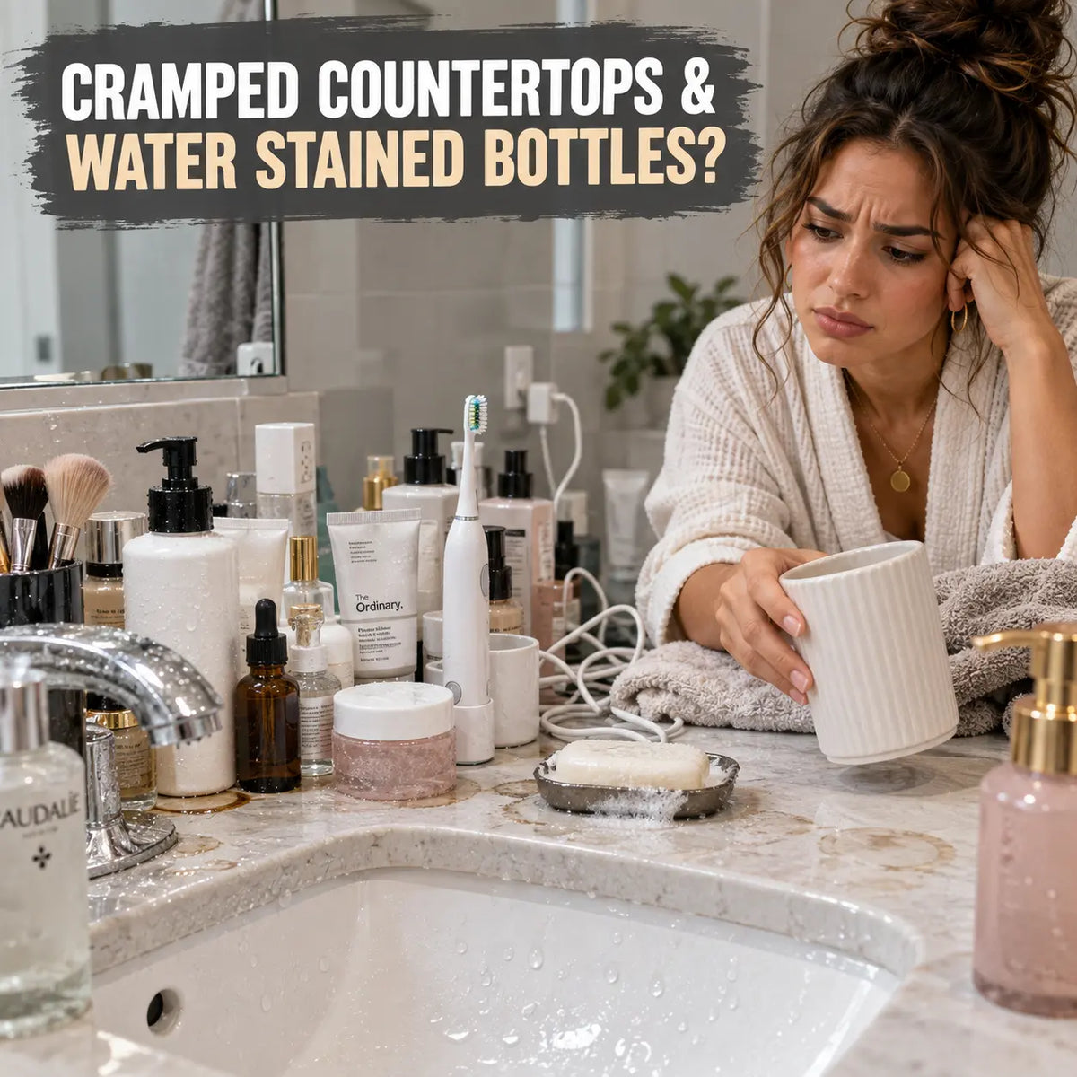 Cluttered bathroom countertop covered with skincare bottles, water stains, soap residue and tangled electric toothbrush cords