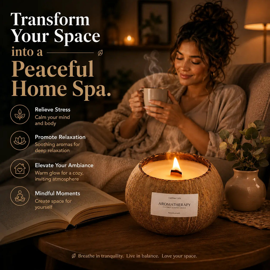 Lit coconut shell aromatherapy candle creating a peaceful home spa atmosphere beside a book and warm relaxing decor