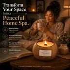 Lit coconut shell aromatherapy candle creating a peaceful home spa atmosphere beside a book and warm relaxing decor
