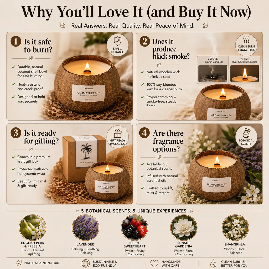 Coconut candle buyer guide showing safe burning clean soy wax gift-ready packaging and five botanical fragrance options
