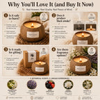 Coconut candle buyer guide showing safe burning clean soy wax gift-ready packaging and five botanical fragrance options