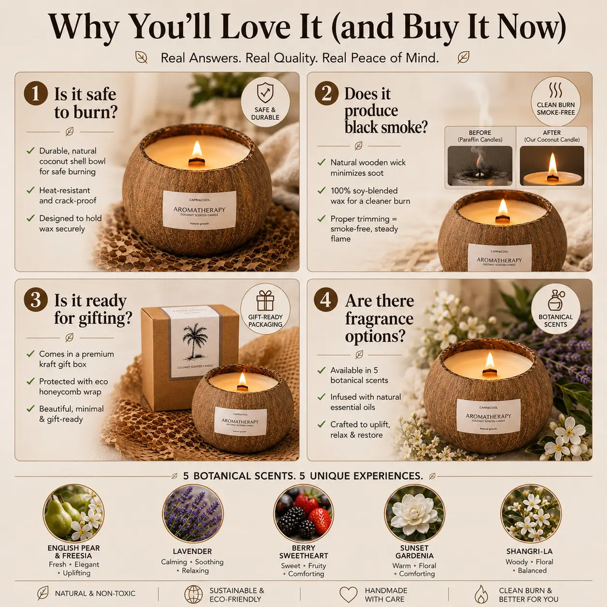 Coconut candle buyer guide showing safe burning clean soy wax gift-ready packaging and five botanical fragrance options
