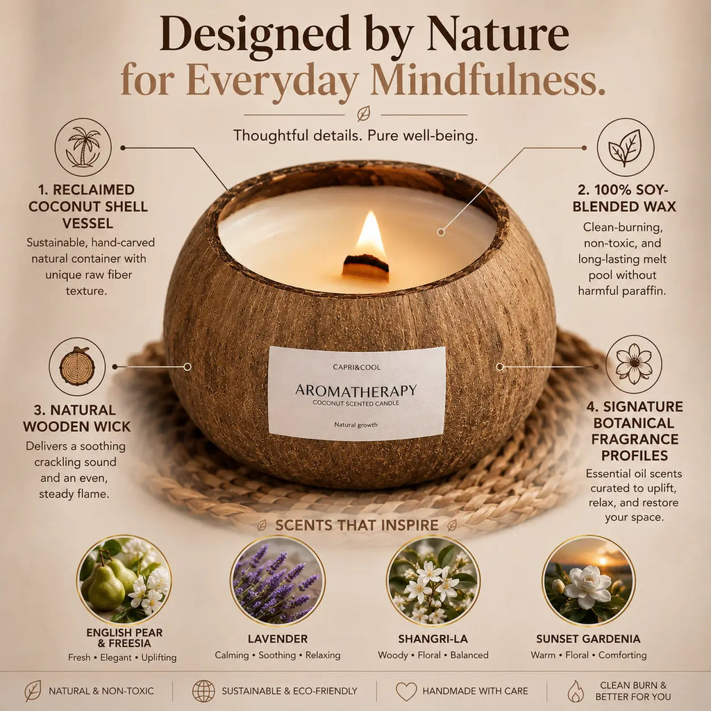 Product feature infographic showing a hand-carved coconut shell vessel soy wax wooden wick and botanical fragrance options