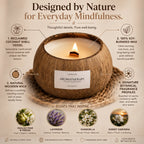 Product feature infographic showing a hand-carved coconut shell vessel soy wax wooden wick and botanical fragrance options