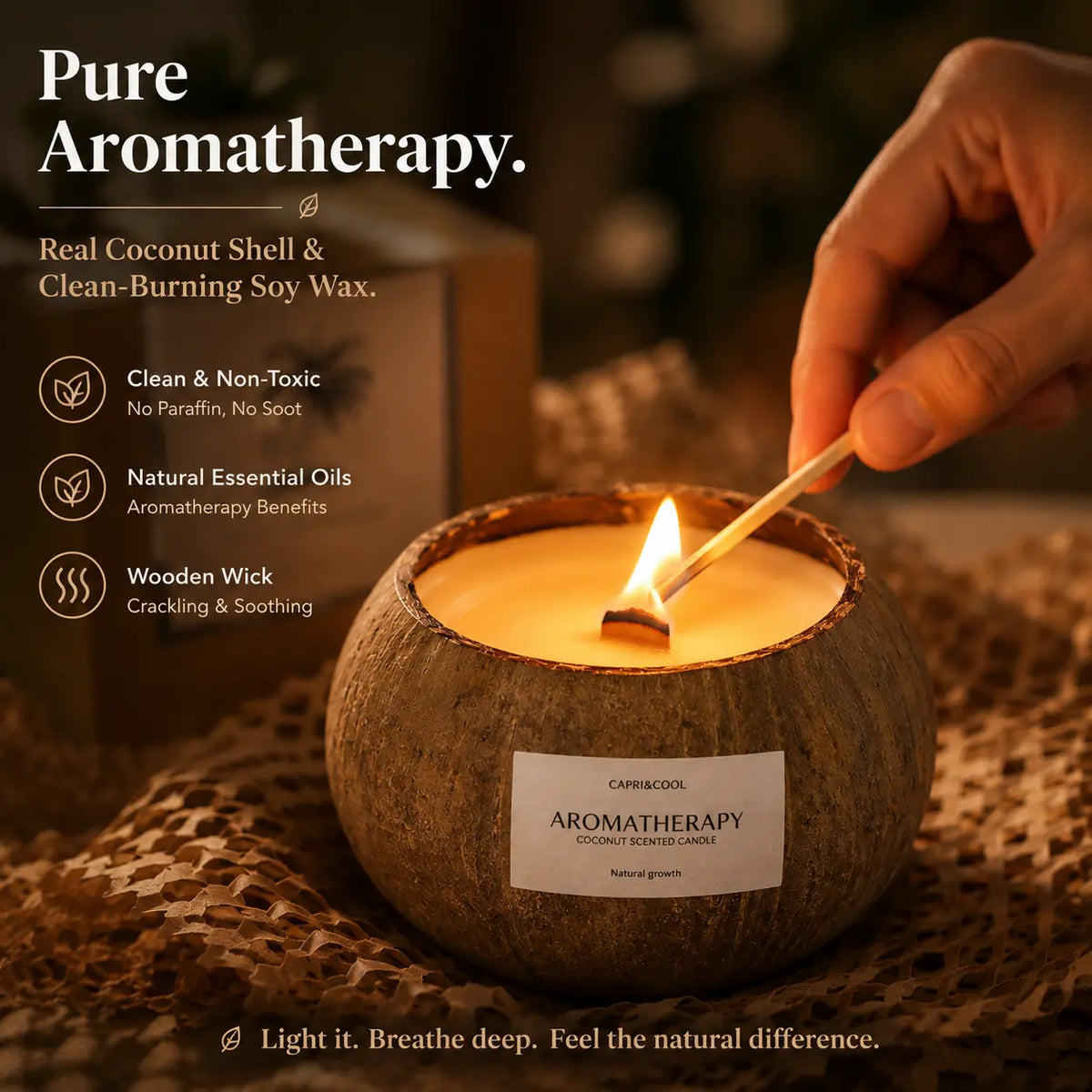 Close-up of a hand lighting a natural wooden wick on a CAPRI&COOL coconut shell aromatherapy soy candle