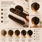 Coffee brown plush hair claw clip showing soft texture, secure grip design, and stylish updo looks for different hair colors.