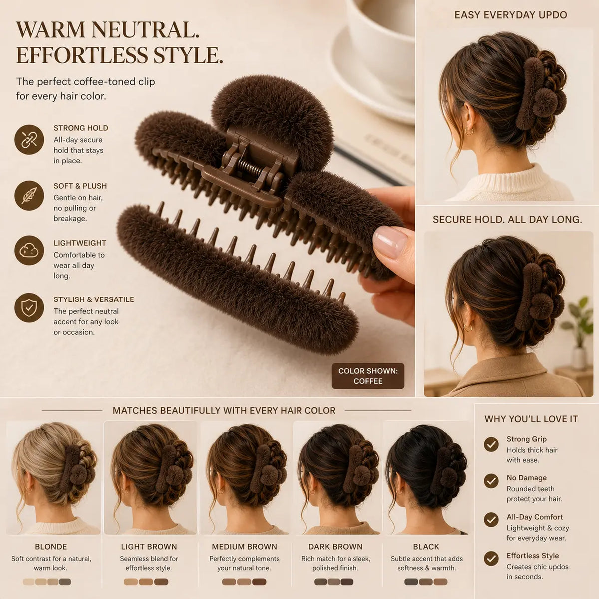 Coffee brown plush hair claw clip showing soft texture, secure grip design, and stylish updo looks for different hair colors.