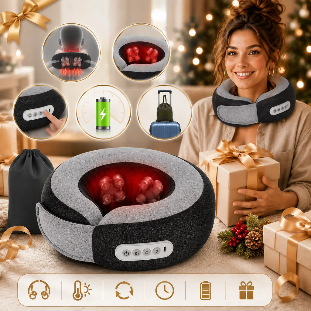 A gray and black neck and shoulder massage pillow with red LED light therapy is shown on a woman's neck in a cozy holiday setting. The image includes feature callout circles showing massage modes, a control panel close-up, a battery icon, and a suitcase icon indicating portability, along with a black drawstring bag and gift boxes.