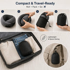 A travel packing accessory shown in a collage with four numbered steps demonstrating how to roll, pack, and carry it, plus a suitcase scene and a backpack hanging scene. The product appears to be a compact black drawstring pouch or organizer for small travel items.