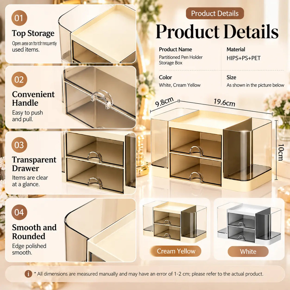 An infographic-style product detail sheet for a partitioned pen holder storage box, showing four feature callouts with dimensions, product details text, and small color variants. The main visual is a transparent cream-yellow storage organizer with drawers and a top compartment, plus measurement labels and material/color notes.