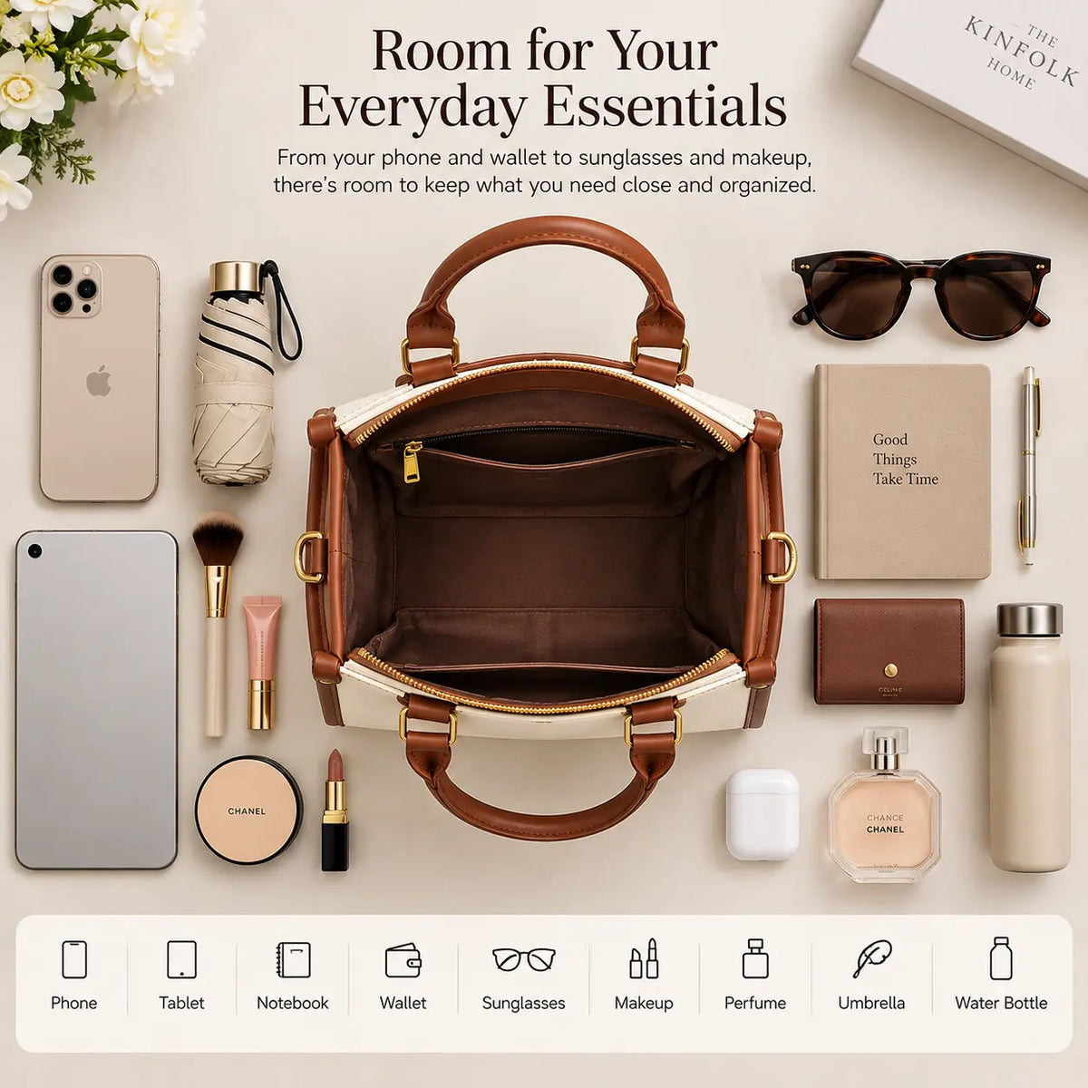 A structured brown and cream handbag is shown open in a styled flat-lay arrangement, surrounded by everyday essentials like a phone, tablet, sunglasses, notebook, perfume, lipstick, and an umbrella. Text at the top reads 'Room for Your Everyday Essentials.