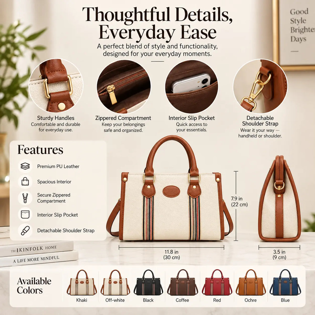 A structured PU leather handbag shown with dimension callouts and feature icons on a styled beige background. The handbag has a cream body with brown leather handles, trim, and side stripes, plus a detachable shoulder strap.