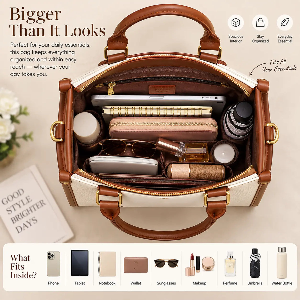 An open cream and brown handbag shown from above, filled with daily essentials such as a laptop, notebook, wallet, sunglasses, perfume, and cosmetics. The image includes marketing text, icons, and a row of smaller product-fit examples along the bottom on a warm beige background.