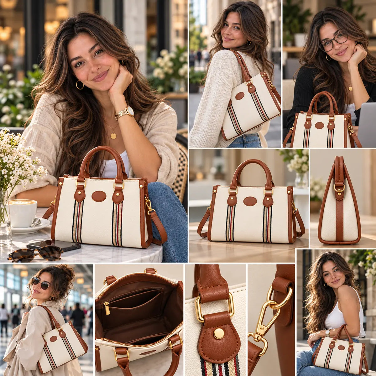 A collage of lifestyle and product views showing a woman wearing and holding a structured handbag in an outdoor cafe setting. The bag is cream-colored with brown leather trim, double top handles, a striped woven detail running vertically, and gold-tone hardware.