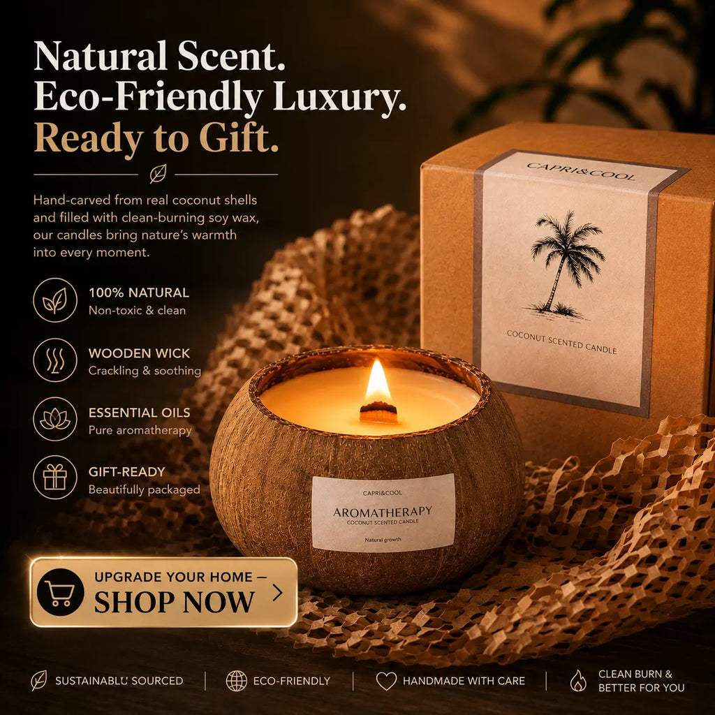 Premium CAPRI&COOL coconut shell candle gift set with glowing wooden wick kraft packaging and eco-friendly luxury presentation