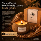 Premium CAPRI&COOL coconut shell candle gift set with glowing wooden wick kraft packaging and eco-friendly luxury presentation