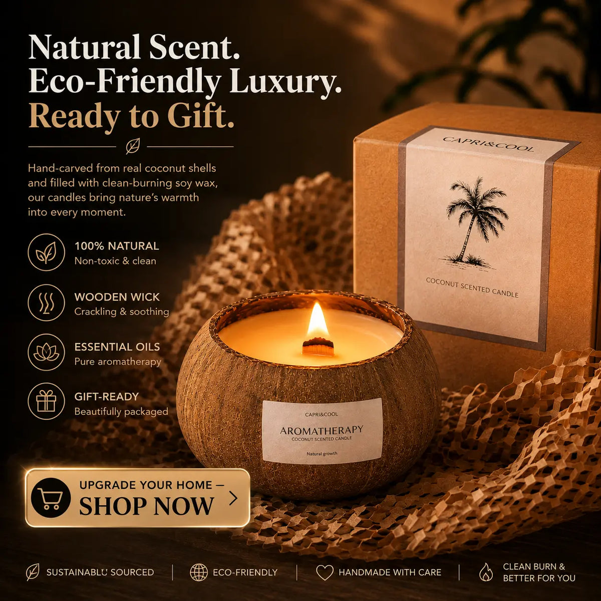 Premium CAPRI&COOL coconut shell candle gift set with glowing wooden wick kraft packaging and eco-friendly luxury presentation