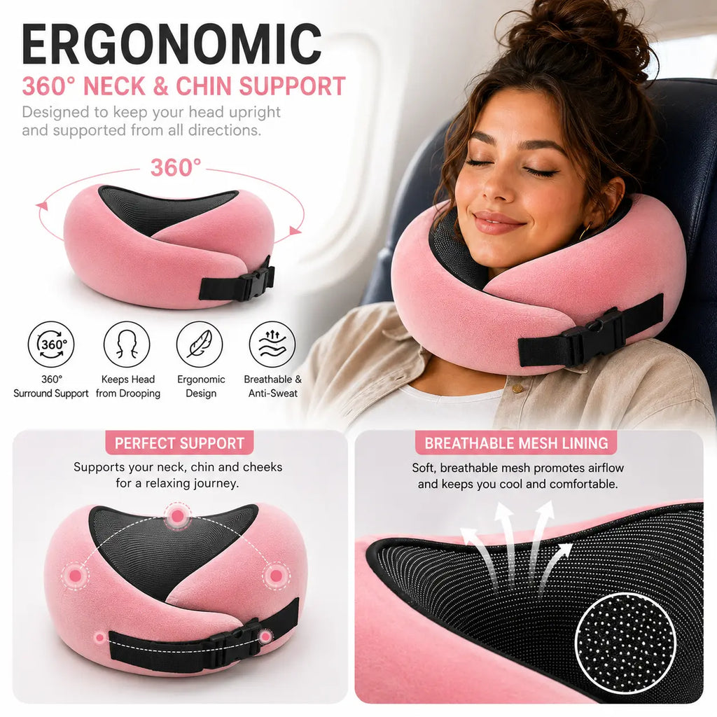 A pink ergonomic travel neck pillow with black mesh and black adjustable straps, shown both as a standalone product and being worn by a woman in a car seat. The image includes marketing text and feature callouts for 360° neck support, breathable mesh lining, and ergonomic design.