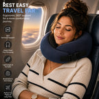 A woman sleeping peacefully in an airplane seat, wearing a navy blue neck pillow. The image features promotional text on the left highlighting the ergonomic support, 360-degree wrap-around design, and lightweight, portable features of the travel pillow.