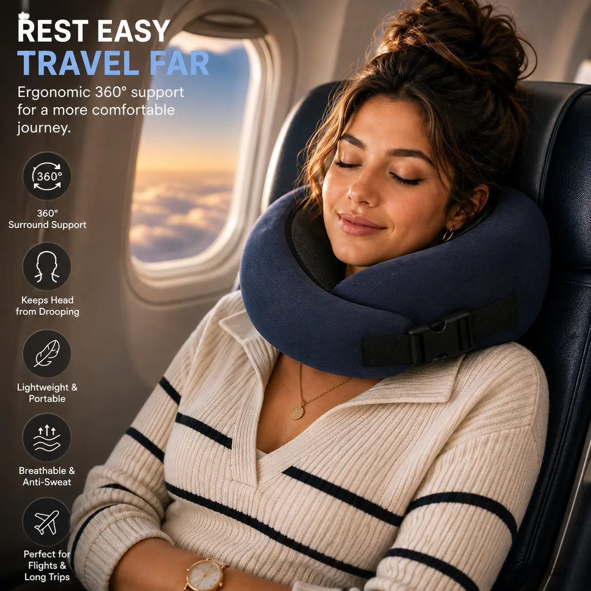 A woman sleeping peacefully in an airplane seat, wearing a navy blue neck pillow. The image features promotional text on the left highlighting the ergonomic support, 360-degree wrap-around design, and lightweight, portable features of the travel pillow.