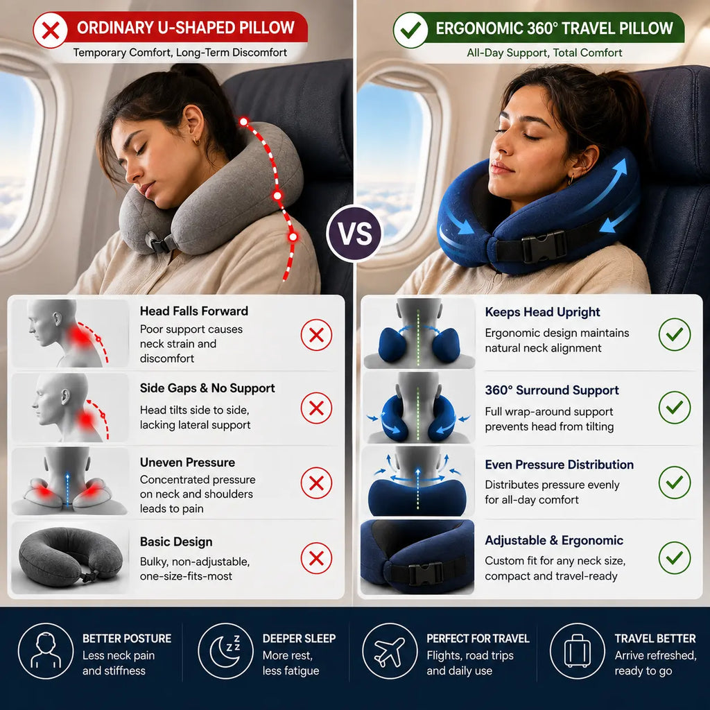 A promotional comparison graphic for travel pillows, showing a person in a airplane seat with an ordinary U-shaped pillow on the left and an ergonomic 360° travel pillow on the right. The graphic includes text comparing comfort, support, and benefits, with icons and red/green checkmarks and crosses.