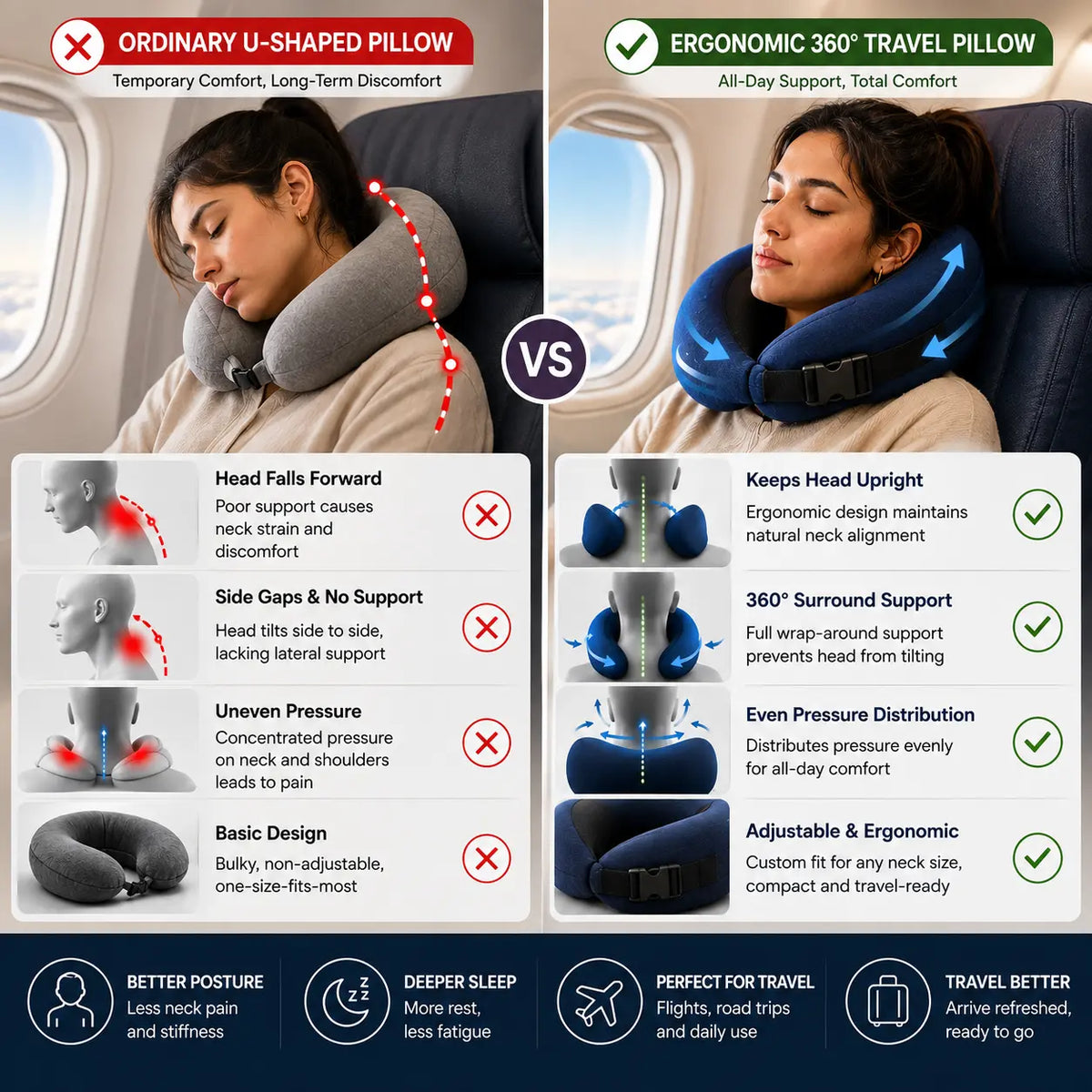 A promotional comparison graphic for travel pillows, showing a person in a airplane seat with an ordinary U-shaped pillow on the left and an ergonomic 360° travel pillow on the right. The graphic includes text comparing comfort, support, and benefits, with icons and red/green checkmarks and crosses.