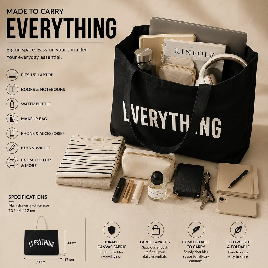 Black Everything tote bag filled with a laptop, books, water bottle, makeup bag, headphones, phone and other daily essentials