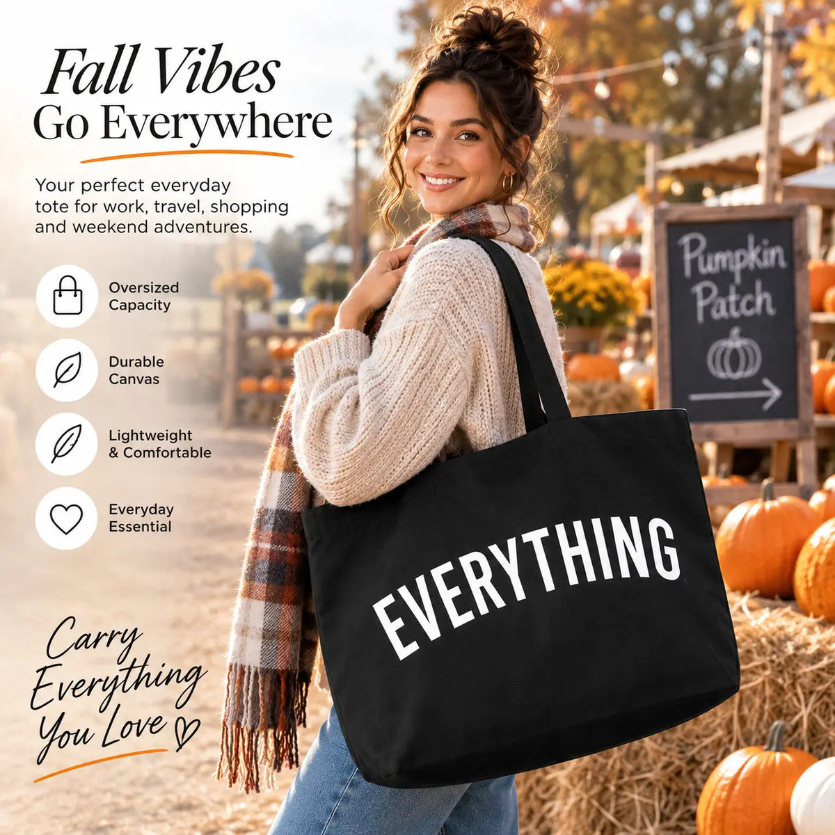 Black Everything tote bag carried by a woman at a fall pumpkin patch