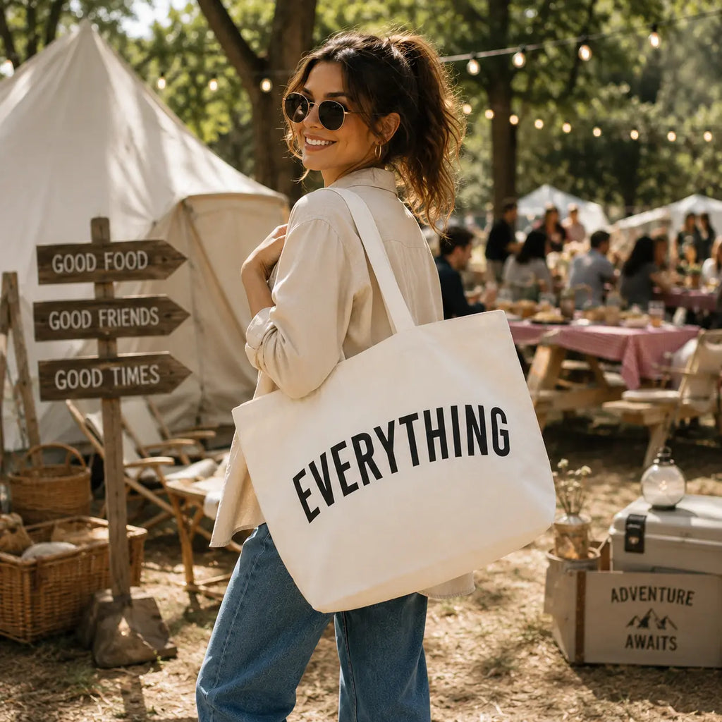 Off white Everything tote bag carried by a woman at an outdoor picnic event