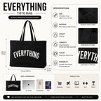 Black Everything tote bag size and specification chart showing 73 x 44 x 17 cm dimensions, heavyweight canvas material, capacity, weight and size comparison.