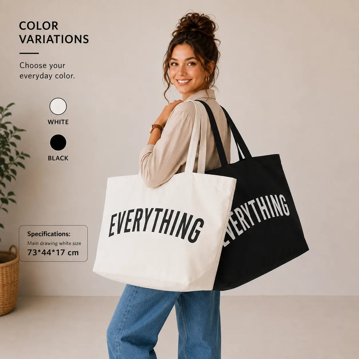 White and black Everything tote bags shown as color variations with a model