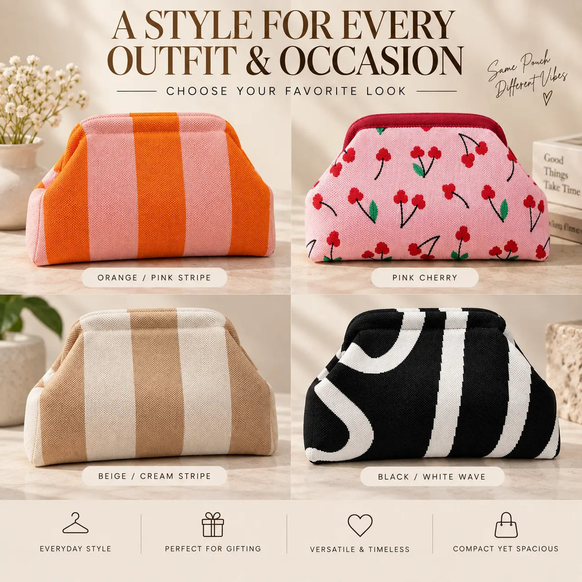 Four knitted pouch variants in orange pink stripe, pink cherry, beige cream stripe and black white wave patterns