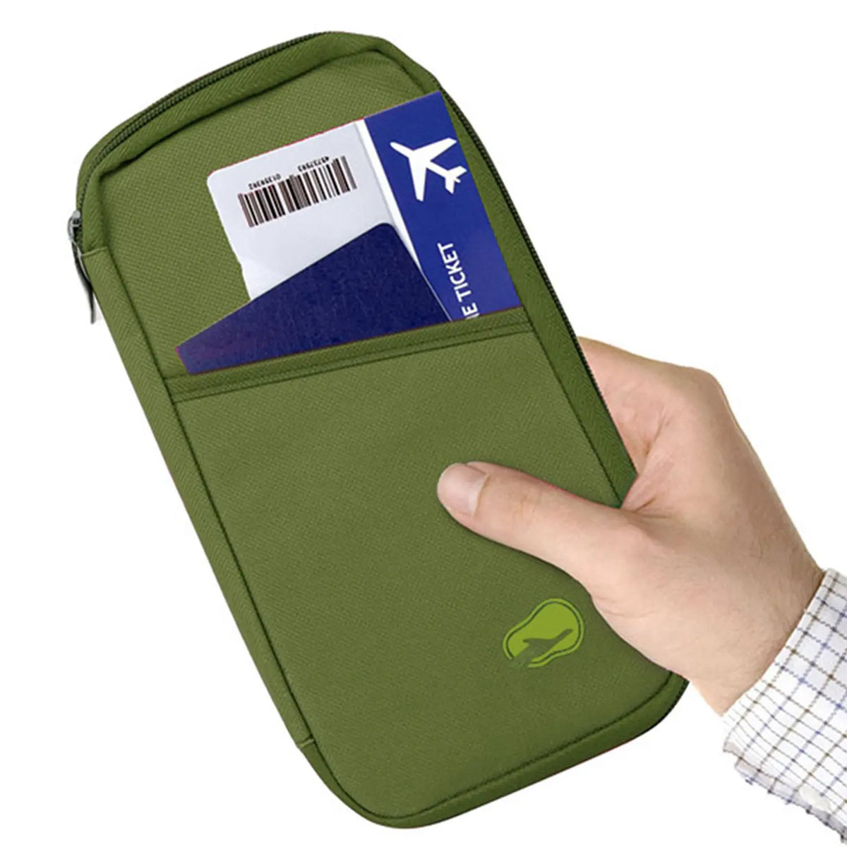 Green travel document holder with airplane ticket inside, held by a hand on a white background