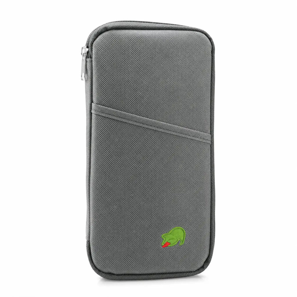A gray textured zippered pouch with a diagonal front pocket and a small green crocodile logo near the bottom, shown on a white background.