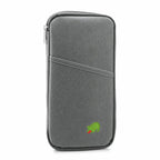 A gray textured zippered pouch with a diagonal front pocket and a small green crocodile logo near the bottom, shown on a white background.