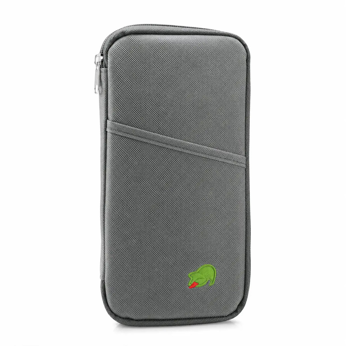 A gray textured zippered pouch with a diagonal front pocket and a small green crocodile logo near the bottom, shown on a white background.