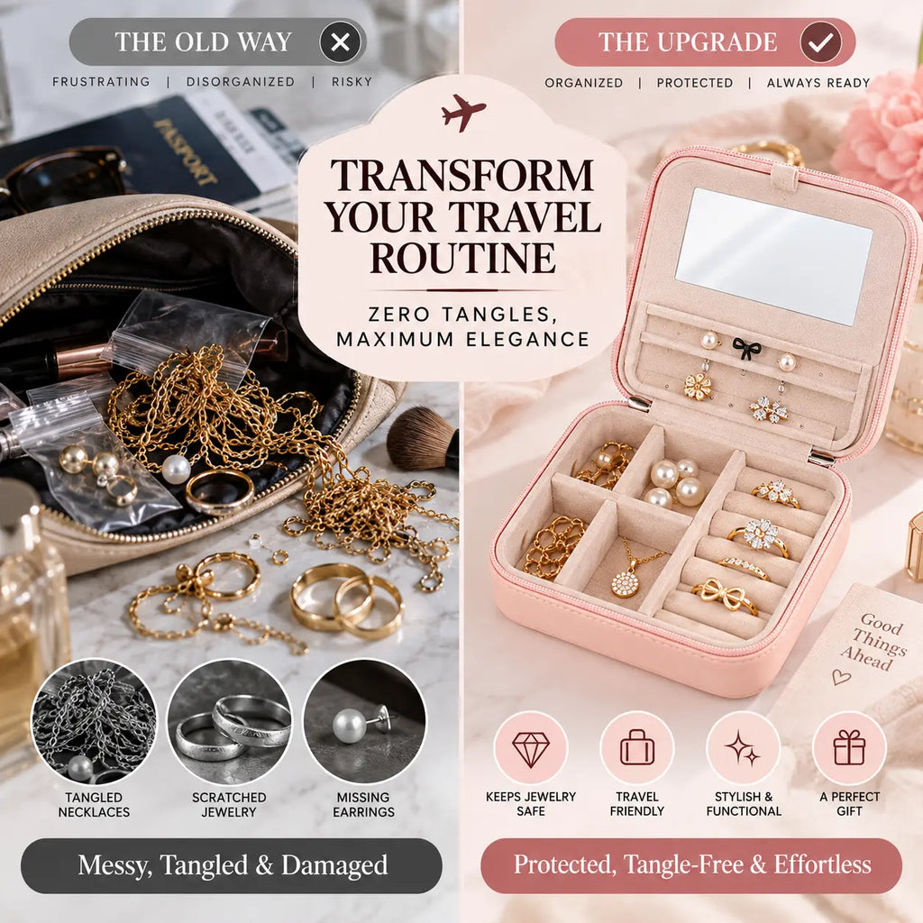 Before and after comparison showing tangled jewelry in a cosmetics bag versus an organized blush pink travel jewelry case