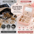 Before and after comparison showing tangled jewelry in a cosmetics bag versus an organized blush pink travel jewelry case