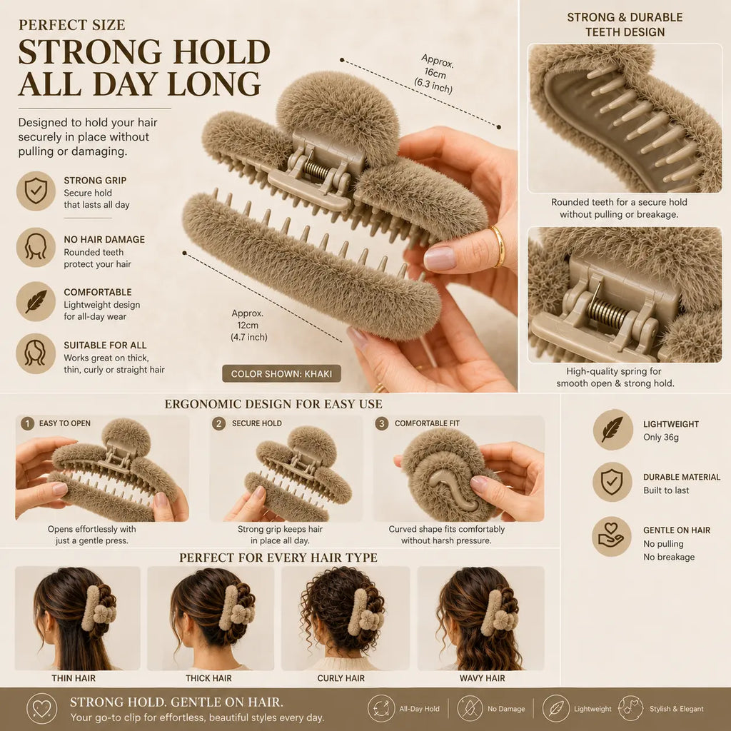 Khaki plush hair claw clip showing its approximate size, grip teeth, spring mechanism, easy opening design, and styling examples for thin, thick, curly, and wavy hair.