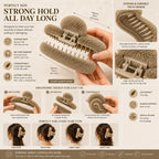 Khaki plush hair claw clip showing its approximate size, grip teeth, spring mechanism, easy opening design, and styling examples for thin, thick, curly, and wavy hair.