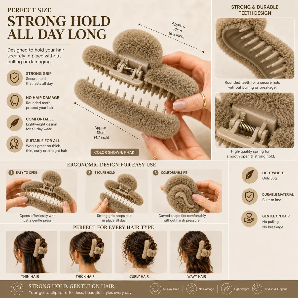 Khaki plush hair claw clip showing its approximate size, grip teeth, spring mechanism, easy opening design, and styling examples for thin, thick, curly, and wavy hair.