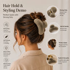 Woman wearing a khaki plush hair claw clip in an elegant updo, showcasing the soft fluffy design and secure hair styling hold for everyday and special occasions.