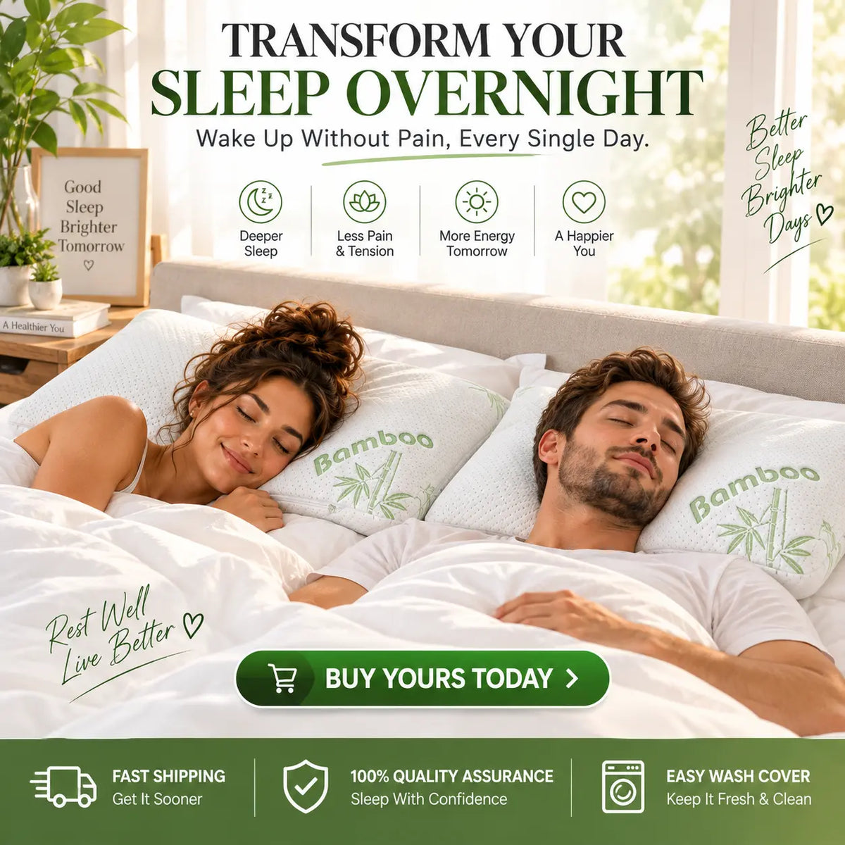 King size bamboo memory foam pillows with a sleeping couple in a bright bedroom, featuring a washable cover and comfortable sleep design.