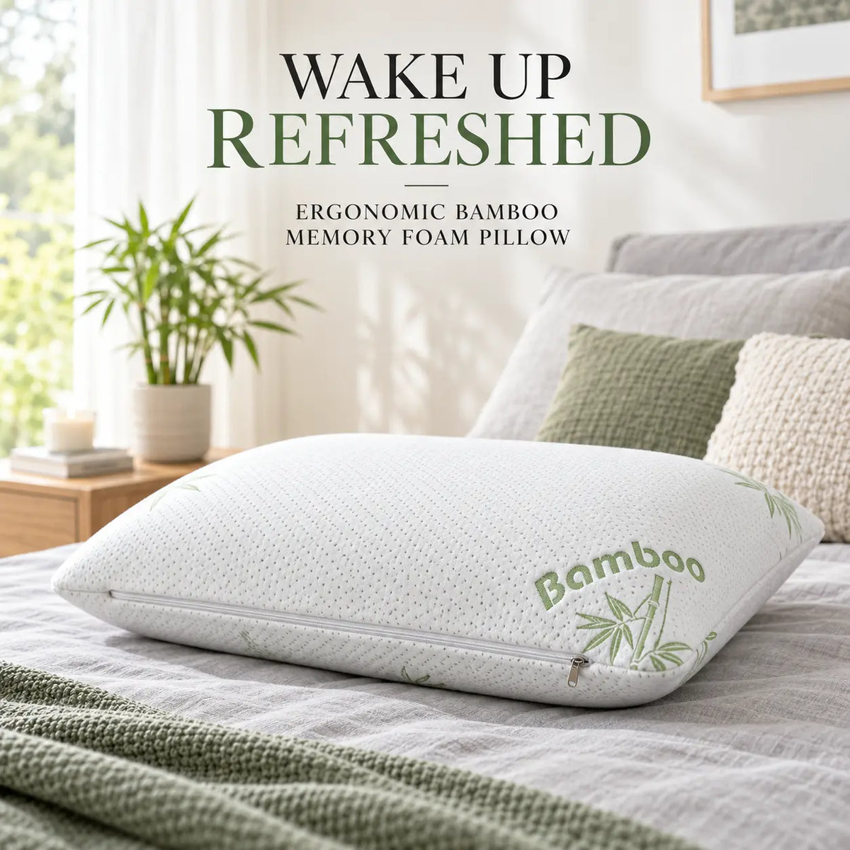 King size bamboo memory foam pillow with breathable cover on a light gray linen bed in a bright Scandinavian bedroom